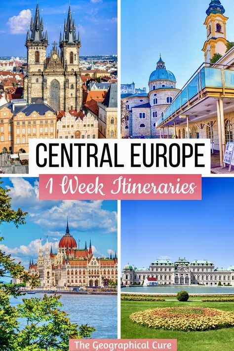 Pinterest pin for one week in Central Europe Bucket List Adventure, One Week Itinerary, Museum Guide, Thermal Baths, Europe Itineraries, Heart Of Europe, Thermal Bath, Adventure Bucket List, Fairytale Castle