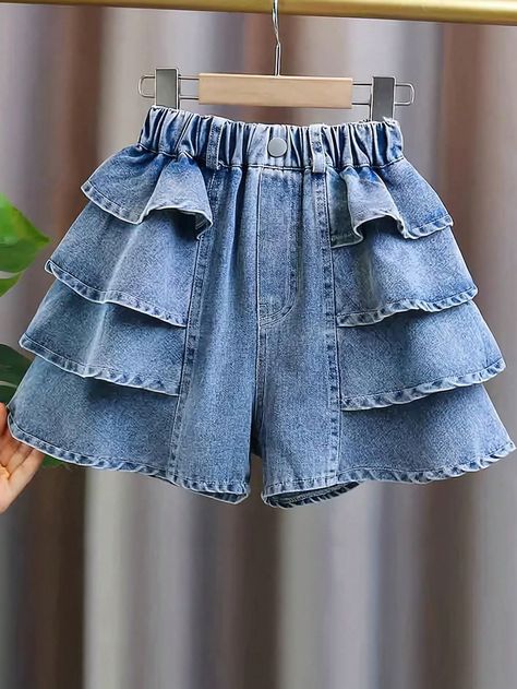 Tween Girl Denim Skirt Shorts With Ruffle Trim, Cake Skirt Style Blue    Denim Plain Skort Non-Stretch  Tween Girls Clothing, size features are:Bust: ,Length: ,Sleeve Length: Rok Denim, Girls Denim Skirts, Lace Dress Design, Girls Dresses Sewing, Girls Denim Shorts, Denim Skort, Sewing Kids Clothes, Kids Frocks Design