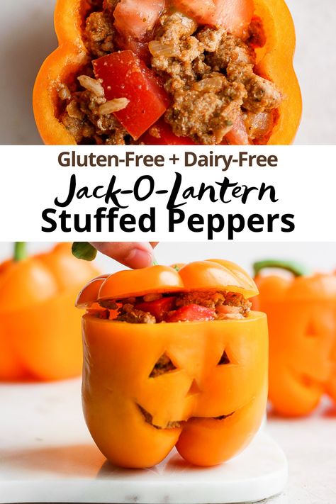 Jack-O-Lantern Stuffed Peppers (2 ways) Spooky Stuffed Peppers, Jack O Lantern Stuffed Peppers, Halloween Stuffed Peppers, Fall Ambiance, Wooden Skillet, Halloween Sleepover, Whole30 Fish Recipes, Stuffed Peppers Healthy, Dairy Free Pasta