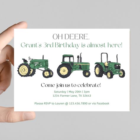 Oh DEERE. His birthday is almost here! Tractor themed birthday invitation, john deere tractors, green tractors, birthday boy invitation. 4th Birthday Party For Boys Tractor, Tractor 2nd Birthday Party Invitations, Tractor Birthday Party Balloon Arch, 2nd Birthday Party Tractor Theme, Tractor Birthday Party Invitations, 3rd Birthday Party For Boy Tractor, Third Birthday Tractor Theme, Tractor Invitations Birthday, Three Year Old Tractor Party