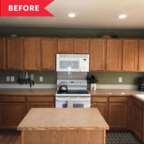 Before: Kitchen with brown cabinets, white appliances, and wooden island in center 2000s Kitchen, Dark Oak Cabinets, Builder Grade Kitchen, Brown Laminate, Condo Renovation, Brown Kitchen Cabinets, Brown Cabinets, Builder Grade, White Appliances