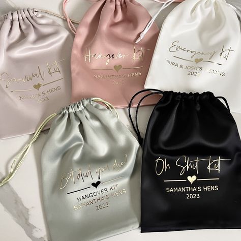 Bridesmaid / Hens / Bachelorette Satin Drawstring bags  Personalised  Fill them up with goodies to suit your event!  Bags measure 15x20cm Sachets, Personalized Drawstring Bags, Satin Drawstring Bag, Bachelorette Bridesmaid Gifts, Bridesmaid Goodie Bags, Bridesmaid Package, Bachelorette Gift Ideas, Bachelorette Goodies, Wedding Day Bridesmaid Gifts