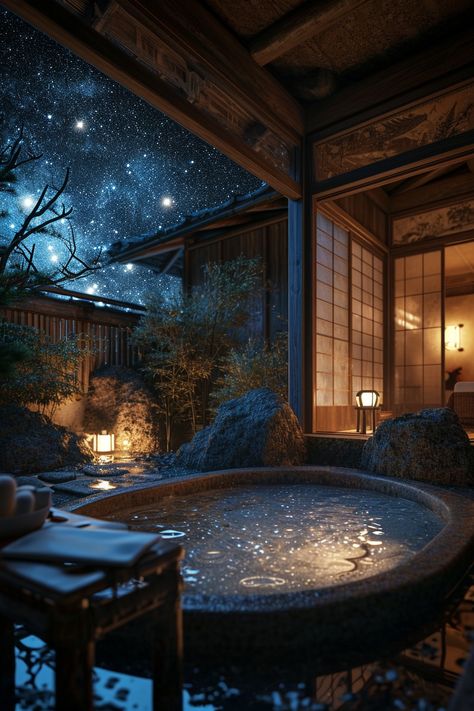 Heavenly Soak: Ryokan Hot Spring Private Onsen Beneath the Starry Sky Sauna Bathroom Design, Private Onsen, Japanese Backyard, Japanese Bathroom Design, Onsen Bath, Onsen Ryokan, Onsen Japan, Japanese Onsen, Japanese Hot Springs