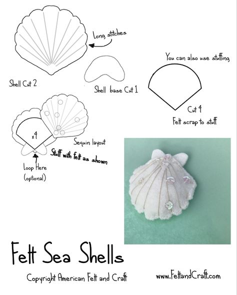 DIY Felt seashell- pattern toy & ornament | ~American Felt & Craft ~ Blog Seashell Felt Pattern, Felt Sea Animals Pattern, Felt Shell Pattern, Felt Seashells Pattern, Felt Ocean Animals Free Pattern, Mermaid Felt Patterns, Felt Crab Pattern, Felt Sea Shells, Felt Jellyfish Pattern