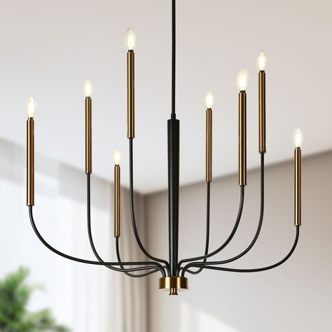 Modern 8-Light Chandelier Black Gold 37-in Classic Lights for Dining Room - 36.8"Dx25.5"H - On Sale - Bed Bath & Beyond - 39476306 Dining Lights Ideas Modern, Dining Room Chandelier Ideas, Traditional Dining Room Chandelier, Dining Room Lighting Ideas, Traditional Dining Room Table, Scandinavian Chandelier, Modern Farmhouse Chandelier, Chandelier Black, Classic Chandelier