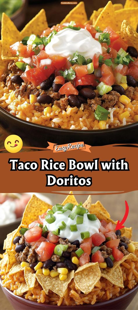 Spice up your mealtime with a Taco Rice Bowl with Doritos, a fun and flavorful twist on traditional tacos. This bowl layers seasoned ground beef, fresh vegetables, and zesty cheese over a bed of warm rice, all topped with crunchy Doritos for an extra kick. It’s a vibrant, satisfying dish that's perfect for a casual dinner or entertaining friends. #TacoBowl #Doritos #EasyMeals Loaded Taco Bowl, Nachos With Rice, Dorito Recipes, Taco Rice Bowl Recipe, Taco Rice Bowl, Traditional Tacos, Doritos Taco, Quick Dinner Options, Taco Salad Bowls