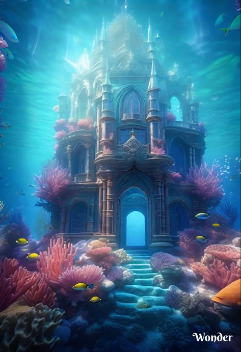 Castle Under The Sea, Underwater Castle, Sea Palace, City Under The Sea, Mermaid Castle, Sea Castle, Castle Cartoon, Waterfall House, Pictures Of Princesses