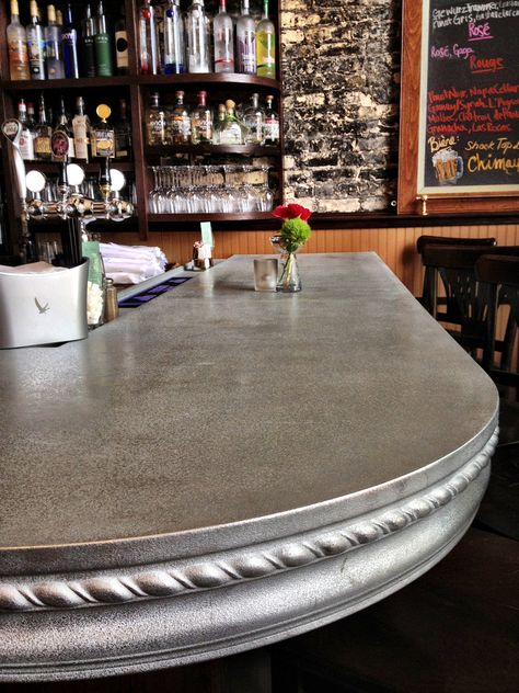 Our curved pewter bar top design for Le Rêve Patisserie & Cafe Zinc Bar Top, Small Room Lighting, Metal Bar Top, Zinc Countertops, Barn Bar, Zinc Table, Paris Bars, Parisian Bistro, Pub Design