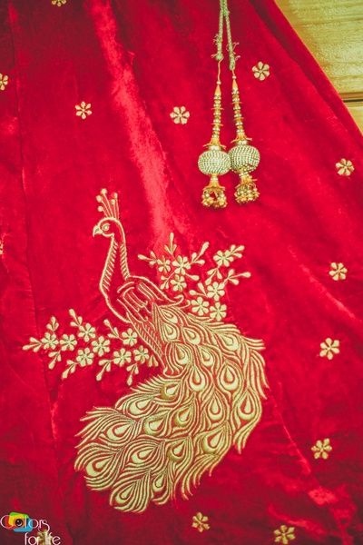 Bridal Details - Red Velvet Lehenga with Golden Embroidery Peacock Detailing | WedMeGood #wedmegood #indianbride #indianwedding #bridal #embroidered #peacock #gold Embroidery Peacock, Red Bridal Lehenga, Embroidered Peacock, Peacock Embroidery Designs, Peacock Embroidery, Peacock Photos, Velvet Lehenga, Golden Embroidery, Bridal Details