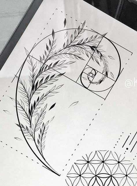 Elegant Beach Dress, Fibonacci Art, Fibonacci Tattoo, Element Tattoo, Fern Tattoo, Muster Tattoos, Botanical Tattoo, Line Art Tattoos, Spine Tattoos