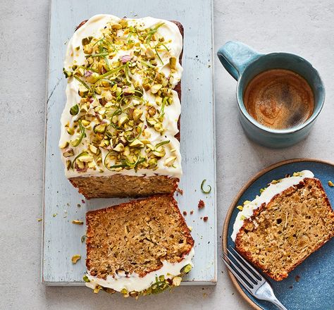 Courgette & lime cake recipe | BBC Good Food Courgette And Lime Cake, Pistachio Loaf Cake, Pistachio Cakes, Pistachio Loaf, Courgette Recipes, Courgette Cake, White Chocolate Buttercream Frosting, Cake Flavours, British Foods