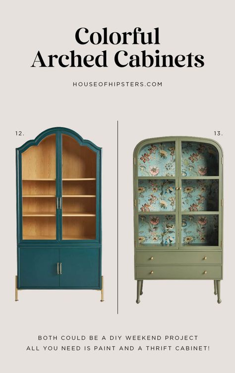 colorful painted arched cabinets that you can DIY. Use these as inspiration! Trending Room Decor, Arch Cabinets, Arched Cabinets, Arched Cabinet Doors, Vintage House Interior, Diy Framed Art, Arched Cabinet, Bookshelf Makeover, Painting Bookcase