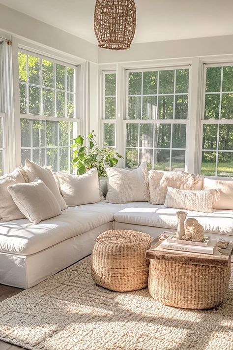 Discover the charm of a modern farmhouse sunroom that perfectly balances style and functionality for families. This serene space offers an inviting atmosphere ideal for family gatherings or quiet moments with a book. Enjoy natural light and indoor-outdoor flow, creating a cozy spot for kids to play while you unwind. Explore our blog for design tips and inspiration to transform your home into a nurturing haven. Learn more today and bring your sunroom dreams to life. #HomeDecor #FamilyFriendly Sunroom Back Of House, Sunroom Ideas 3 Season, Studio Mcgee Sunroom, Couches For Sunroom, Sunroom With Window Seat, Modern Cottage Sunroom, White Sunroom Decorating Ideas, Farmhouse 3 Season Room, 3 Season Room Decor