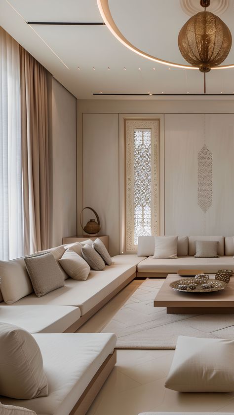 A modern Arabic majlis in Dubai features luxurious seating with intricate patterns and soft cushions. Dubai Interior Design Living Rooms, Arabic Seating Living Rooms, Arabian Home Design, Modern Middle Eastern Interior Design, Luxury Homes Interior Living Rooms, Modern Majlis Interior Design, Saudi Interior Design, Arab Living Room, Majlis Design Modern