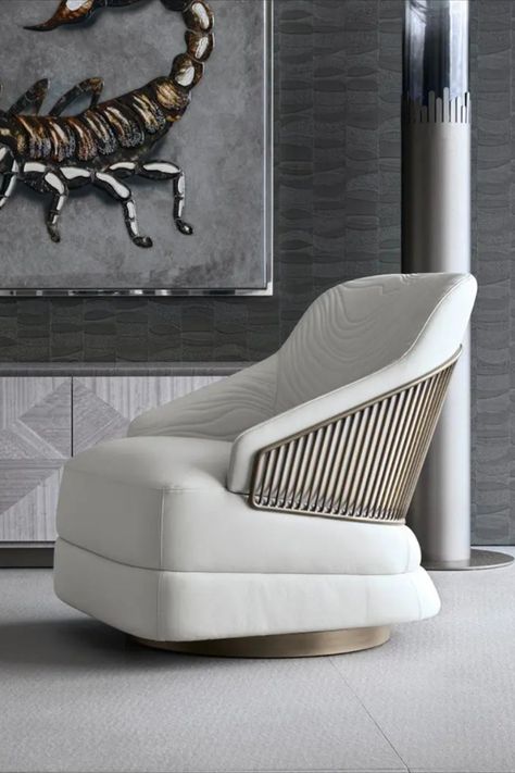 Occasional Swivel Chair has Stainless Steel Bracelet Supporting Quilted Back Luxury Armchair, Italian Furniture Brands, Unique Chair, Curved Lines, Italian Furniture, Swivel Chair, Chair Design, Accent Chairs, Design Studio