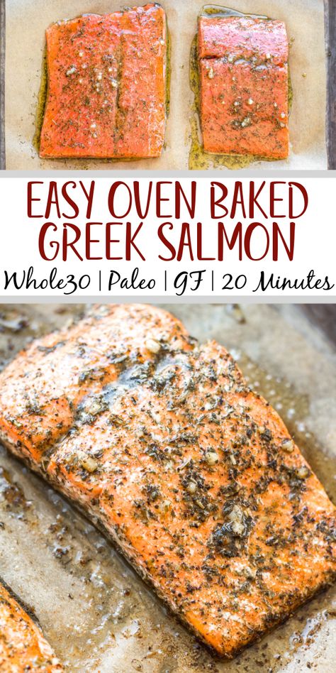 This oven baked Whole30 Greek salmon recipe is an easy way to meal prep or make a quick weeknight meal. It bakes in 15 minutes or cooks in the air fryer in just 10 minutes. This Whole30 salmon is also gluten free, low carb and paleo, so everyone can enjoy it! Lemon juice and a blend of spices like oregano, dill and basil in the marinade will ensure your salmon is bursting with flavor. #whole30salmon #greeksalmon #airfryersalmon #ovenbakedsalmon Mediterranean Diet Salmon Dinner, Mediterranean Diet Salmon Recipes, Whole 30 Salmon Recipes, Salmon Recipes Whole 30, Bake Salmon In Oven, Whole 30 Salmon, Paleo Salmon Recipes, Salmon Oven Baked, Everything Salmon