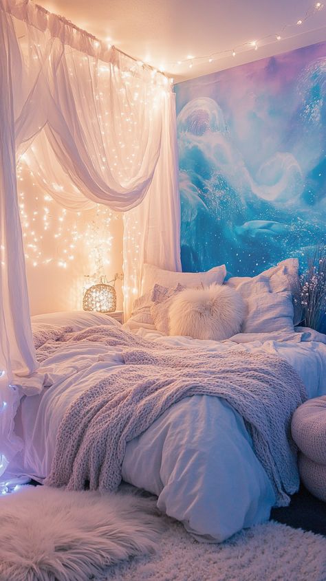 Dive into a Pisces dream 🌊✨ Transform your bedroom with ocean-inspired hues, flowy curtains, and a mesmerizing watercolor wall mural. Twinkling fairy lights, plush bedding, and a cozy meditation corner create an ethereal escape. Perfect for dreamy nights and peaceful mornings! 🛌💫 Mermaid Theme Bedroom Ideas, Bedroom Inspo Blue Walls, Cozy Minimalist Bedroom Aesthetic, Pisces Bedroom Aesthetic, Mermaid Core Bedroom, Girls Ocean Themed Bedroom, Aesthetic Room Ideas Bedrooms, Night Themed Bedroom, Crystal Bedroom Aesthetic