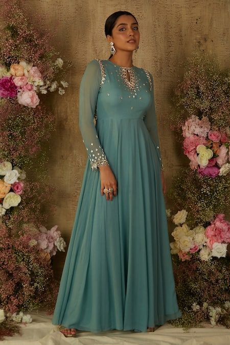 Anarkali Neck Designs, Anarkali Design, Anarkali Designs, Blue Anarkali, Long Frock Designs, Georgette Anarkali, Embroidered Anarkali, Long Kurti, Long Kurti Designs