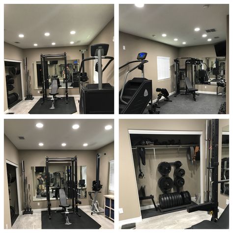 Home Gym. I started out using a spare bedroom, and ending up knocking down a wall to use two spare rooms. Total cost was $5800. Spare Bedroom Gym Ideas, Spare Bedroom Gym, Spare Room Gym, Bedroom Gym Ideas, Home Gym Bedroom, Spare Bedroom Decor, Gym Transformation, Small Home Gym Ideas, Home Gym Ideas