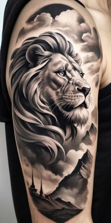 Cross Lion Tattoo For Men, Black And Grey Lion Tattoo, Lion Stencil Tattoo, Lion Tattoo Design Male Arm, Lion Roaring Tattoo, Realistic Lion Tattoo Design, Lion Tattoo Arm, Leones Tattoo, Lion Tattoo Stencil