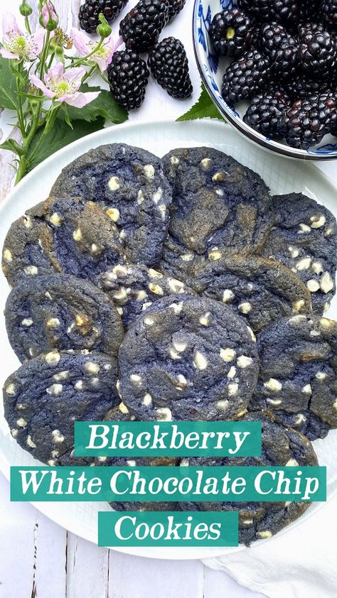 These chewy, berry-rich cookies bring science right to your kitchen — once the anthocyanins in the blackberry puree mix with the baking soda, the dough goes from bright purple to royal blue. Beyond the science, these Blackberry White Chocolate Chip Cookies are delicious and a recipe you will make on the regular! Blackberry White Chocolate Cookies, Recipes For Blackberries, Blackberry Puree Recipes, Blackberry Cookies Recipes, Chokeberry Recipes, Fresh Blackberry Recipes, Celestial Cupcakes, Blackberry Desserts, Blackberry Recipe