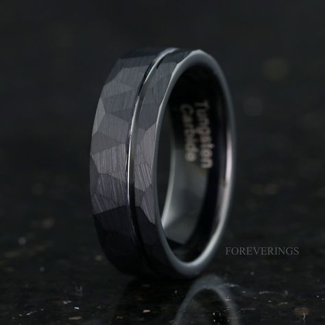 Mens Black And Diamond Wedding Band, Black Hammered Wedding Band, Mens Tungsten Wedding Bands, Mens Wedding Bands Black, Mens Wedding Bands Tungsten, Man Ring, Tungsten Carbide Wedding Bands, Black Tungsten Rings, Black Wedding Band