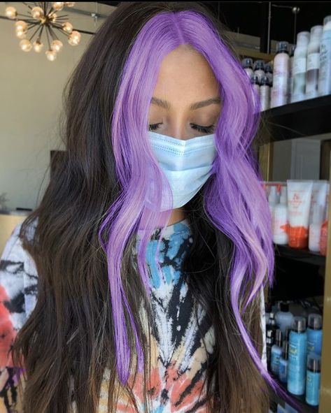 Blue Money Piece Brunette, Money Piece Hair Color Purple, Purple Hair With Light Purple Money Piece, Brown With Purple Money Piece, Brown Hair With Purple Front Strands, Front Piece Dyed Hair, Black Hair With Purple Halo, Cool Coloured Hair, Lavender Money Piece Hair Brunette