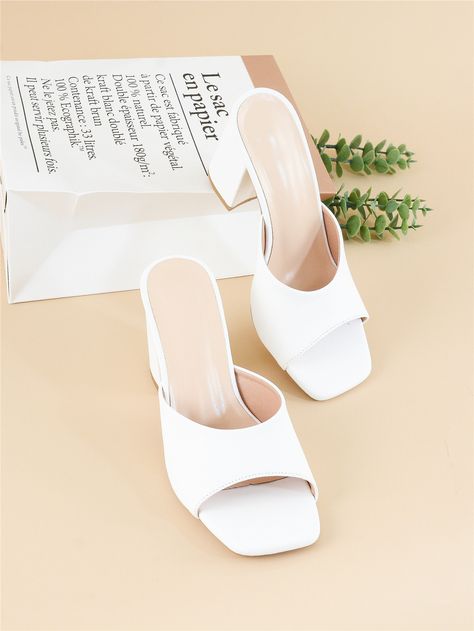 White Fashionable Collar   Plain Mules Embellished   Women Shoes White Mules Heels, White Chunky Sandals, Beige Sandals Heels, Mules Outfit, Sandals Shein, Summer Sandals Heels, Shoes Fashion Photography, Heeled Mule, Platform Heels Boots