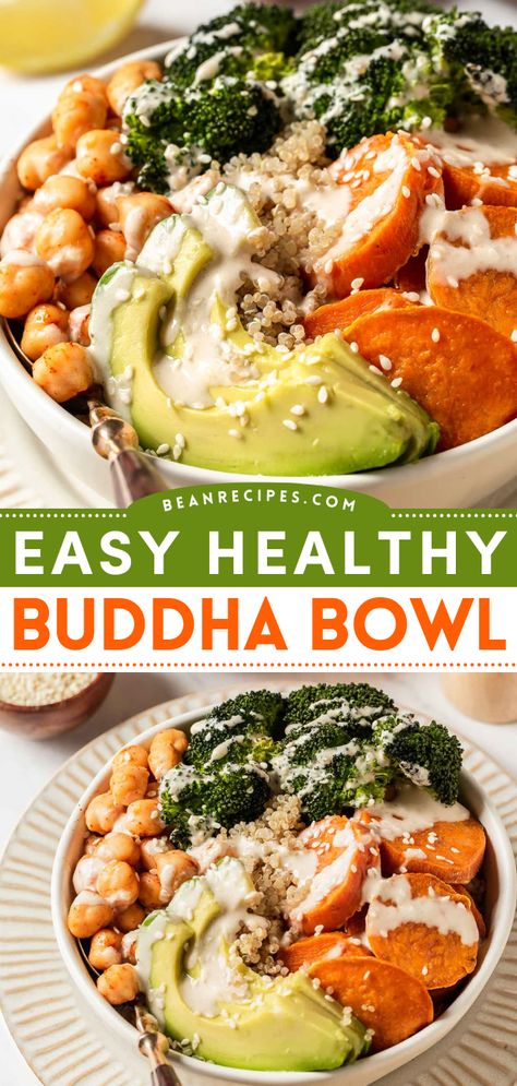 Looking for a simple chickpea recipe for dinner? This healthy buddha bowl recipe is just the thing for you! A simple vegetarian recipe, it combines grains, protein, veggies and a yummy sauce to make a hearty and vibrant dish. Pin this healthy lunch idea! Chickpea Buddha Bowl Recipe, Grain And Bean Bowls, Garbanzo Bean Bowl, Simple Power Bowls, Vegan Protein Bowl Recipes, Easy Buddha Bowl Recipe, Simple Buddha Bowl, Veg Bowls Healthy Recipes, Grain Bowls Vegetarian