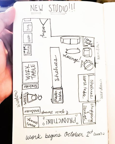 Katie Marks on Instagram: “Just a rough sketch of what I'm thinking for the studio layout! Today I went to @georgiesceramic and checked it out! So cool! Cant wait to…” Studio Pottery Marks, Clay Studio Layout, Pottery Studio Layout, Pottery Idea, Studio Layout, Studio Spaces, Cafe Ideas, Clay Studio, Pottery Marks