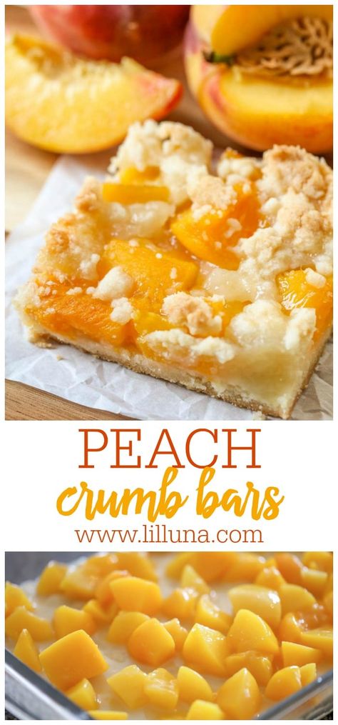 Peach Crumb Bars are one of our favorite summer treats! They're made from a buttery crust layered with juicy peaches and a crumbly topping. #peachcrumbbars #crumbbars #peachbars #peachdesserts #desserts Peach Crumb Bars, Peaches Baked, Weight Watcher Desserts, Crumb Bars, Coconut Dessert, Pie Cupcakes, Peach Recipes, Cookies Bars, Peach Desserts