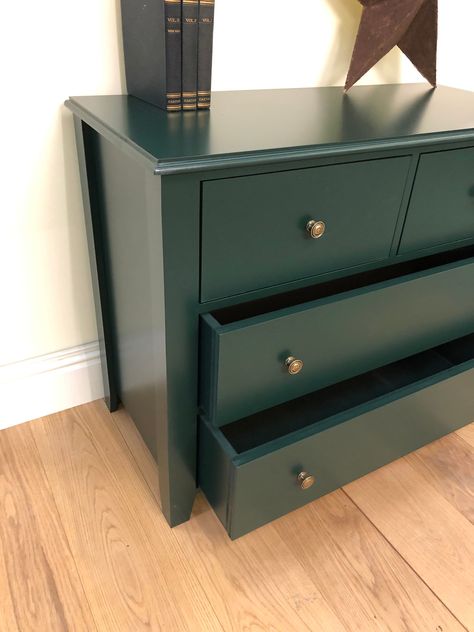 The dark green 4 drawer Chest of Drawers is the perfect storage solution for your home, ideal for your bedroom or living room. The painted wooden Chest of Drawers comes in a 2 over 2 design complete with bronze handles. This range of furniture comes with  matching pieces to complete the finished look in your home. Made in Yorkshire. Fully Assembled. LAST DATE TO ORDER FOR PRE CHRISTMAS DELIVERY 12TH DECEMBER DELIVERY We can only deliver this item to mainland UK Delivery cost shown does not apply Chest Of Drawers Painting Ideas, Black Green Furniture, Deep Green Furniture, Dark Green Dressers Painted, Dark Green Chest Of Drawers, Chest Of Drawers Paint Ideas, Dark Green Bedroom Furniture, Dark Green Dresser Bedroom, Dark Green Furniture Paint