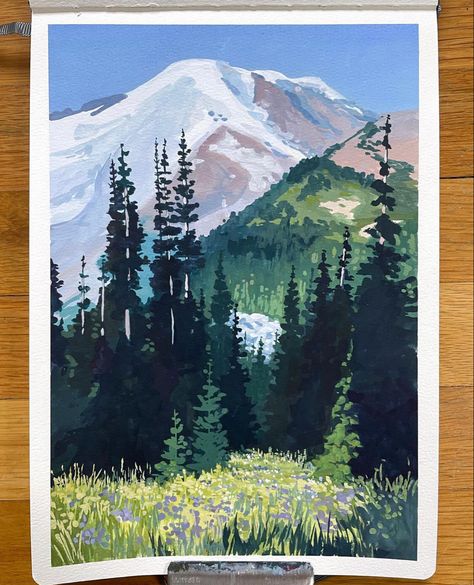 Gauche Landscape Painting, Mount Rainier Painting, Gouache Mountain Painting, Gouache Painting Mountains, Gouache Painting Landscape, Guash Painting Ideas, Gouche Painting Landscapes, Gouache Mountains, Gouache Art Landscape