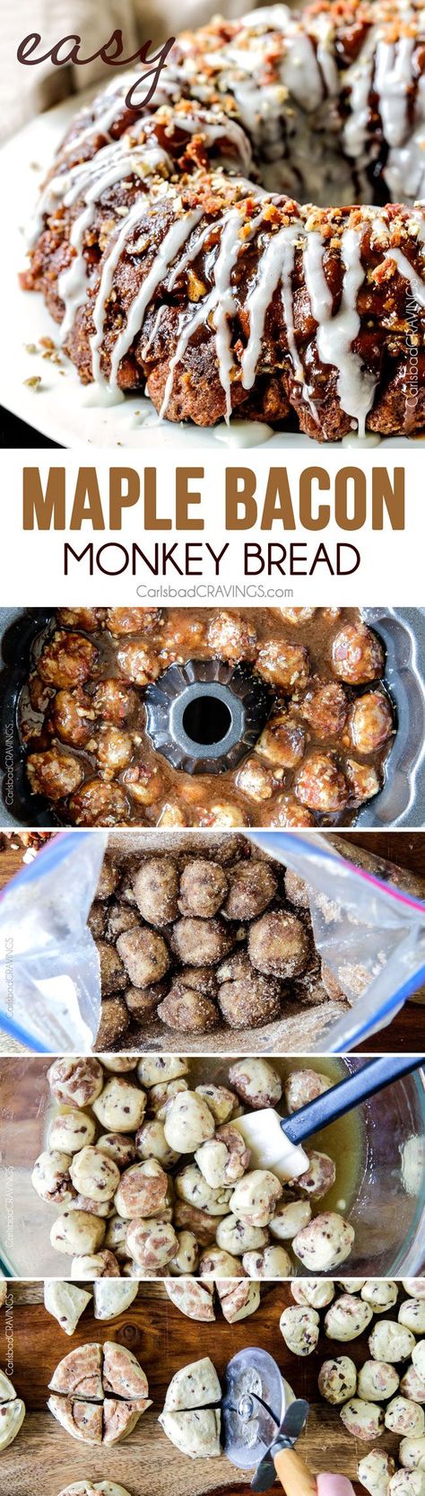 Maple Bacon Cinnamon Roll Monkey Bread made easy with refrigerated cinnamon rolls and made irresistible with maple crispy crumbled bacon, pecans and a maple caramel topping. The perfect special occasion breakfast, brunch or dessert! #Christmas #Easter Maple Bacon Monkey Bread, Bacon Monkey Bread, Breakfast Ideas For A Crowd, Maple Caramel, Cinnamon Roll Monkey Bread, Caramel Topping, Maple Bacon, Oreo Dessert, Monkey Bread