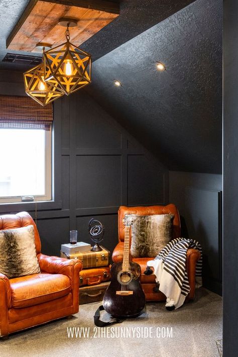 guitar room Black Room Black Ceiling, Black Wall Man Cave, Dark Painted Small Rooms, Black Ceiling Basement Dark Walls, Black Walls Game Room, Small Room Ceiling Light, Man’s Living Room, Man Cave Spare Bedroom, Small Gentleman Room