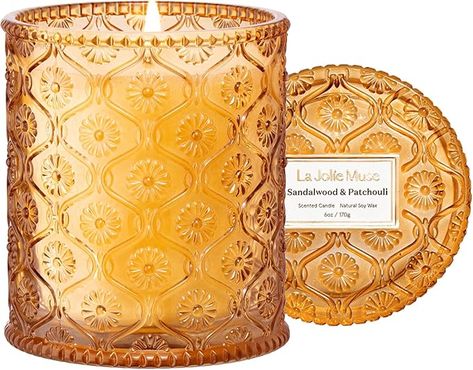 Amazon.com: LA JOLIE MUSE Sandalwood & Patchouli Scented Candle, Candles for Home Scented, 6 oz 40 Hours Burn, Candles Gift for Women & Men : Home & Kitchen Beautiful Flower Vase, Daisy Patterns, Patchouli Scent, Lemon Candle, Sandalwood Scent, Winter Candle, Glass Jar Candles, Decorated Jars, Candle Collection