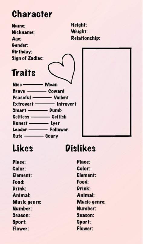 Say stuff about your character or irl person idk Character Compare And Contrast, Oc Fact Sheet, Personality Sheet Template, Character That Represents Me, Personality Oc Ideas, Character Form Writing, Different Kinds Of Characters, Short Person Carrying Tall Person, Fpe Character Chart