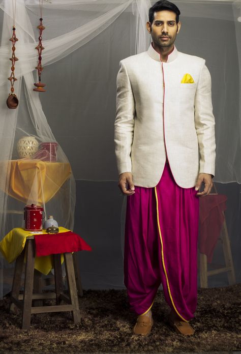 White jacket with a pink dhoti Indowestern Outfits For Men, Dhoti For Men, Jodhpuri Sherwani, Indowestern Outfits, Dhoti Pants For Men, Indian Sherwani, Boys Clothes Patterns, Indo Western For Men, Jodhpuri Suit