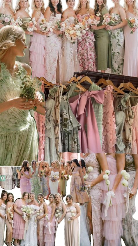 Pale pinks, greens, and champagnes Pink Green Champagne Bridesmaids, Light Pink And Green Bridesmaid Dresses, Green And Peach Bridesmaid Dresses, Pink And Green Mismatched Bridesmaids, Pink And Green Bridesmaid Bouquet, Green Yellow Pink Bridesmaids, Pastel Pink And Sage Green Wedding, Blush And Sage Bridesmaid Dresses, Sage Green And Blush Bridesmaid Dresses