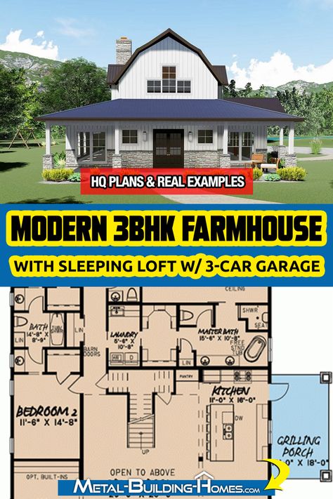 This amazing barndominium-style house concept has a barn-like façade with board and batten paneling, large windows, and barn doorways. This beautiful 3-bedroom home design features a front porch that runs the length of the mansion and is capped with a gambrel roof for just an extra farmhouse-style element. French doors connect to a real open-concept floor plan with a huge two-story vaulted ceiling and exposed wooden beams. Gambrel Roof Barndominium, Gambrel Floor Plans, Gambrel Roof House Plans, Gambrel Farmhouse, Gambrel House Plans, Gambrel Barndominium, Gambrel Barn House, Gambrel Roof House, Amazing Barndominium