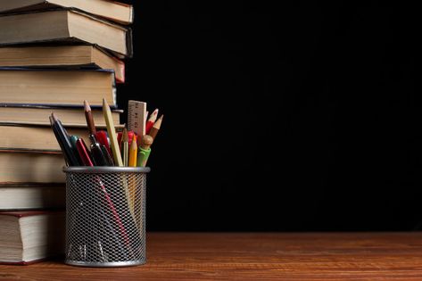 A stack of books and a stand for pens on... | Premium Photo #Freepik #photo #background #school #book #wood Candle Gif, Background School, Christian Graphic Design, A Stack Of Books, Book Presentation, Good Photo Editing Apps, Watercolour Texture Background, Presentation Backgrounds, Book Background