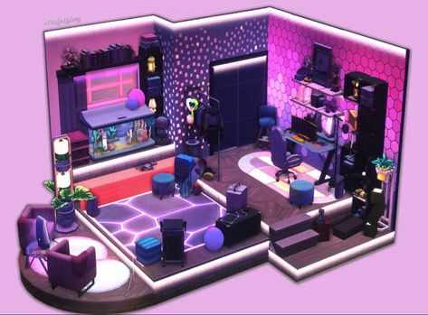 Sims 4 Geek Room, Gamer House Sims 4, Sims 4 Streamer Room, Gamer Room Sims 4, Sims 4 Gaming Room, Sims 4 Base Game Room Ideas, Futuristic Living Room, Cyberpunk Apartment, Sims Room