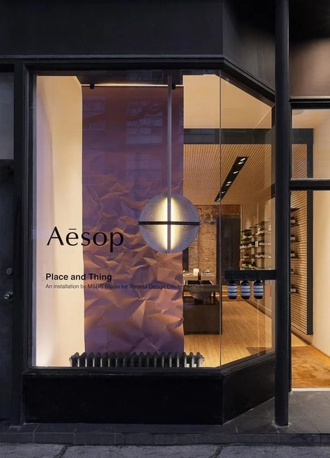 Aesop Window Display, Window Display Lighting, Shopping Window Design, Window Store Design, Cosmetic Window Display, Front Store Design, Window Shop Design, Display Window Design, Store Window Design