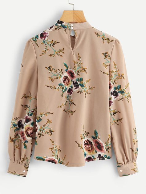 Plus Button Keyhole Floral Print Blouse -SHEIN(SHEINSIDE) Floral Blouse Outfit, Women Floral Blouse, Trendy Fashion Tops, Hijabi Outfits, Bishop Sleeve, Stylish Dress Designs, Floral Print Blouses, Girls Fashion Clothes, Outfits Casual