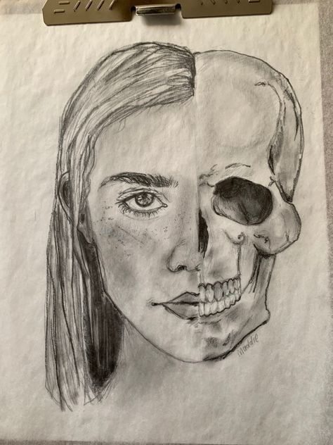 half face half skull art sketch portrait Half Skull Face Drawing, Half Head Drawing, Half Good Half Evil Drawing, Half And Half Drawings, Half Skeleton Half Human Drawing, Half Portrait Drawing, Half Skull Half Face Drawing, Half And Half Art, Half Face Sketch