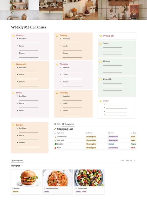 Recipe Notion Template, Diet Notion Template, Notion Template Ideas Meal Plan, Notion Cooking Template, Notion Meal Planner, Notion Food Diary, Organisation Planner, Student Planner Organization, Meal Planner Printable Free