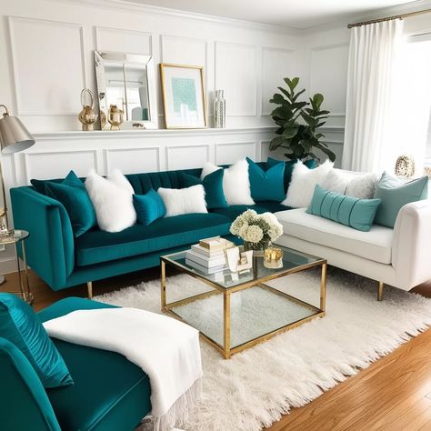 38 Stunning Teal Living Room Ideas for a Modern and Stylish Space - Style Zuri Teal Sofa Living Room Ideas, Turquoise Couch Living Room Ideas, Teal Sofa Living Room Decor, Teal And Gold Living Room, Teal Couch Living Room, Teal Living Room Ideas, Teal Sofa Living Room, Teal Living Room, Peaceful Living Room