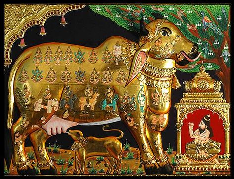 Kamadhenu, the ancestor of all cows is regarded as a divine wish fulfilling cow. It is said in the Vedas that all Gods, Goddess, including the Trinity has their abode in the cow. It brings good fortune to those who worship it. Art Forms Of India, साईं बाबा, Tanjore Paintings, Wonder Art, Lord Vishnu Wallpapers, Indian Painting, Tanjore Painting, Lord Krishna Wallpapers, Madhubani Painting