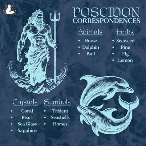 Poseidon Correspondences and some items in the shop for Him #poseidon #hellenic #pagan #witch Posiden Aesthetic Greek Mythology, Poseidon Offerings, Poseidon Deity, Poseidon Horse, Poseidon Altar, Poseidon Symbol, Poseidon Design, Hellenic Pagan, Poseidon Aesthetic