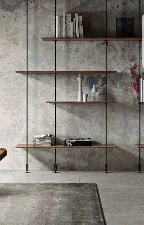 Living Room Metal Shelves, Modern Bedroom Shelving, Black Frame Doors Interior, Home Decor Ideas Living Room Fireplace Interior Design, Floor To Ceiling Floating Shelves, Industrial Home Decor Ideas, Loft Shelves, Black Metal Shelving, Metal Book Shelf